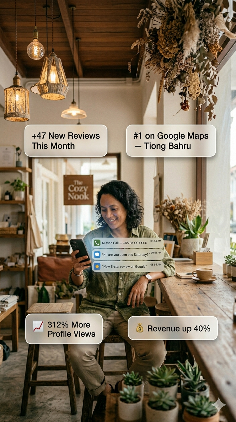 Business owner checking phone with review notifications and Google Maps ranking stats